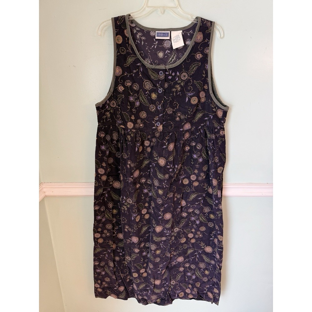 Vtg Erika & Co Corduroy Jumper Dress Womens L Modest Midi Floral Cottage Grandma